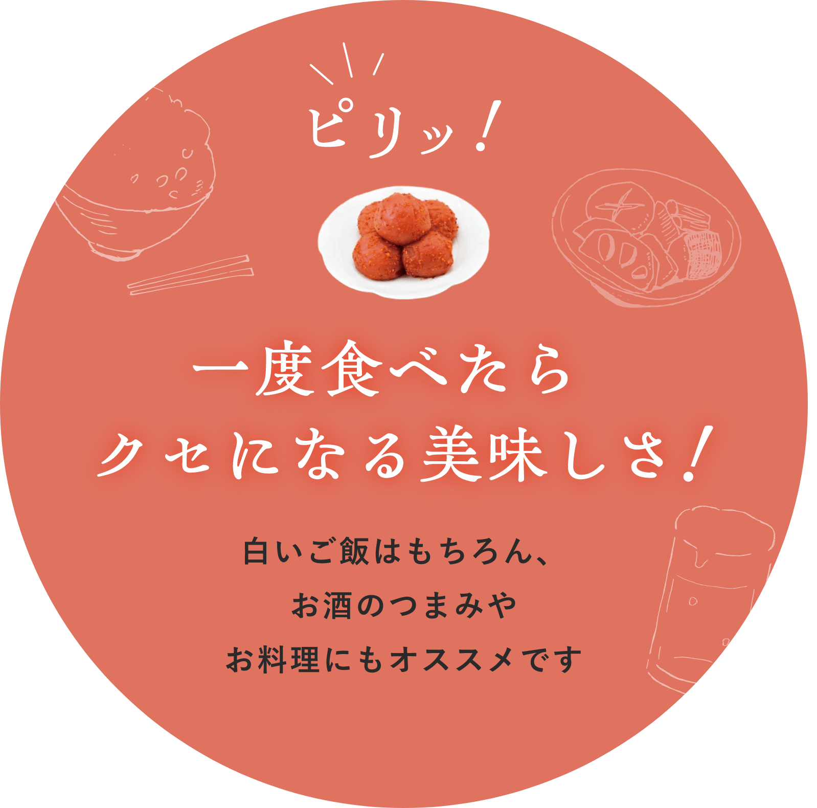 ピリッ！ 一度食べたらクセになる美味しさ！ 白いご飯はもちろん、お酒のつまみやお料理にもオススメです