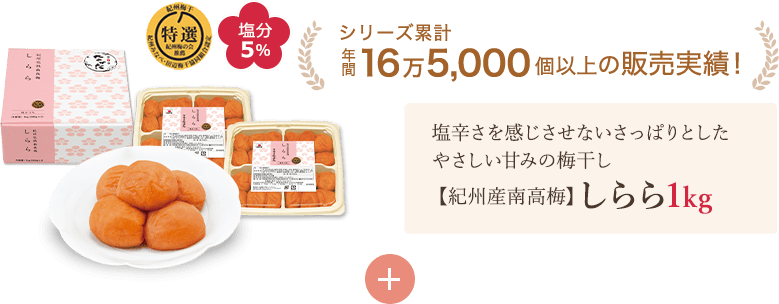 シリーズ累計年間16万5,000個以上の販売実績！塩辛さを感じさせないさっぱりとしたやさしい甘みの梅干し しらら1kg
